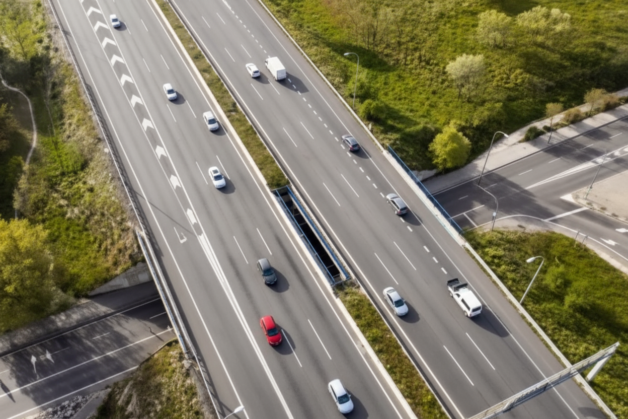 Vue aérienne autoroute avec circulation